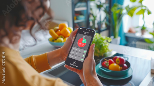 A person uses smartphone applicaton to track calories and manage diet. Technology, app, for maintaining a healthy lifestyle. photo