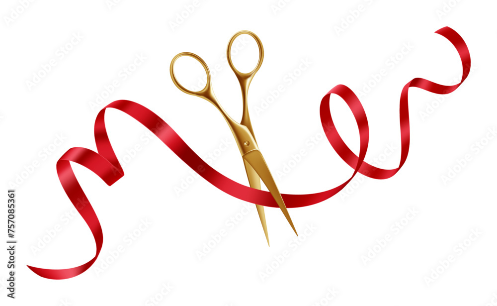 Grand Opening Event. Festive Ribbon Cutting Ceremony with Golden Scissors