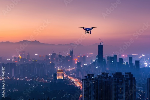 A drone flying over a smart city illustrating the integration of IT in urban management