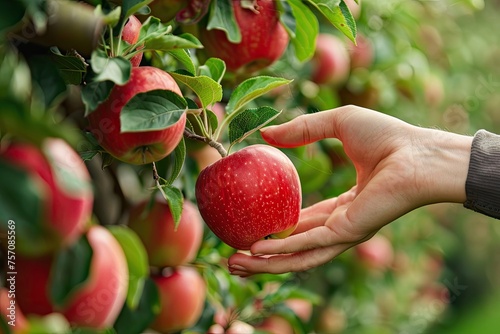 A hand picking a ripe apple directly from the tree in an orchard photo