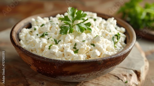 Fresh cottage cheese in a rustic brown bowl garnished with parsley