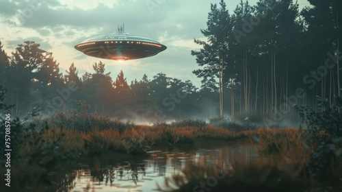 alien ship, UFO in the sky above a dense forest filled with tall trees, creating an otherworldly scene of wonders