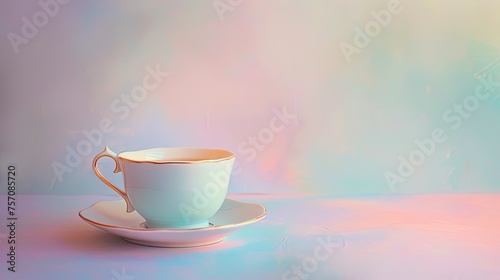 A delicate porcelain tea cup set against a soft pastel background