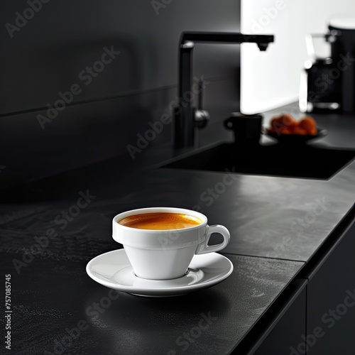 A single cup of espresso with a perfect crema on a sleek black countertop