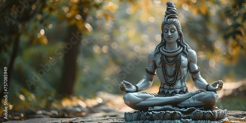 Lord Shiva meditates peacefully amidst serene natural landscapes with copy space. Concept Nature Photography, Meditation, Lord Shiva, Serene Landscapes, Copy Space
