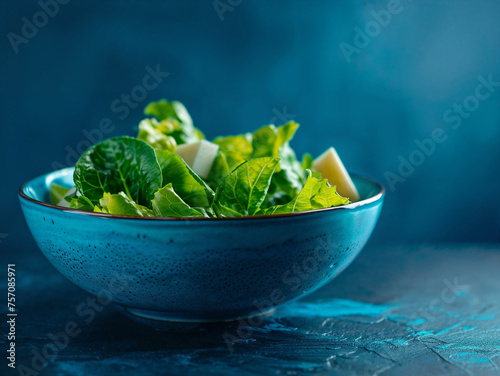 Caesar salad food in modern ceramic plate on slate table background