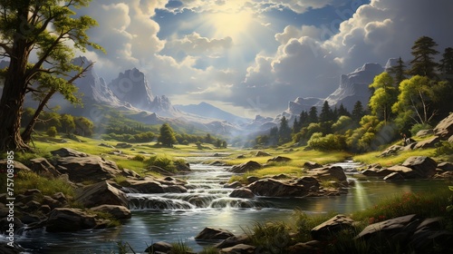 A serene landscape with a tranquil river flowing through a lush green forest, Generative ai.