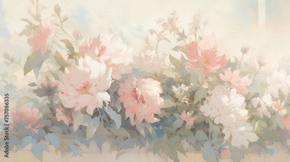 A soft pastelhued garden with a bouquet of pink peonies, Generative ai.