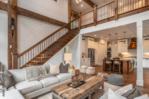 Farmhouse home interior design of modern living room with wooden staircase.