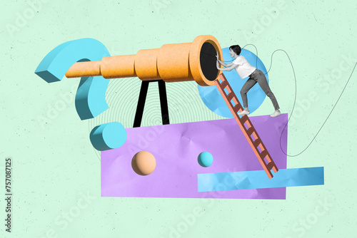 Creative 3d abstract collage image of young woman curiosity searching answers watching monocular isolated on blue color background