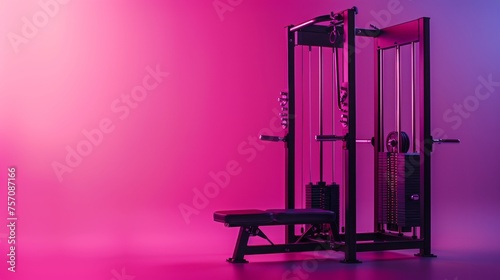 Vibrant pink and purple gym equipment arranged in an artistic display