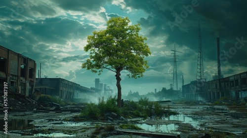 Green Hope: A Tree of Life Growing in Industrial Devastation, Symbolizing Renewal and Progress in Sustainability and Conservation Efforts