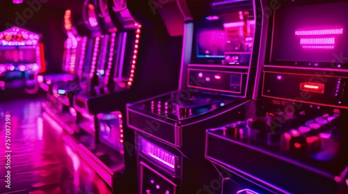 Arcade video games in an empty dark game room with purple light with a retro design look photo