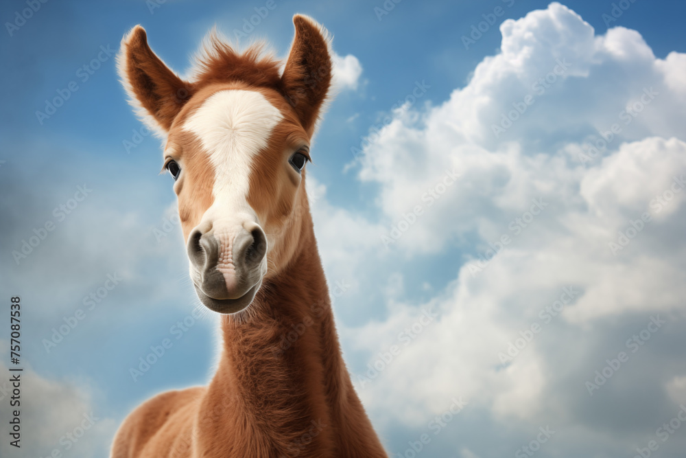 Portrait of a Playful and Adorable Foal Against a Background of Blue Sky, Exuding Youthful Energy and Charm, Perfect for Animal Lovers, Equestrian Enthusiasts, or Equine-themed Designs, with Space Portrait of a Playful and Adorable Foal Against a Background of Blue Sky, Exuding Youthful Energy and Charm, Perfect for Animal Lovers, Equestrian Enthusiasts, or Equine-themed Designs, with Space