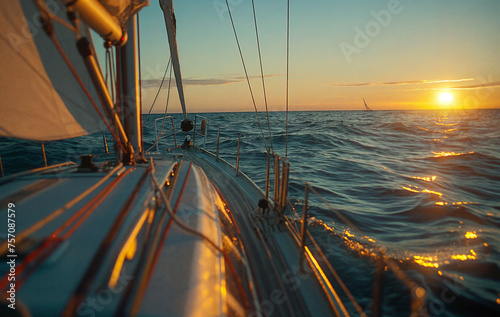 a sailboat sailing on the ocean at sunset with the sun setting behind it and clouds in the sky © Vitaliy