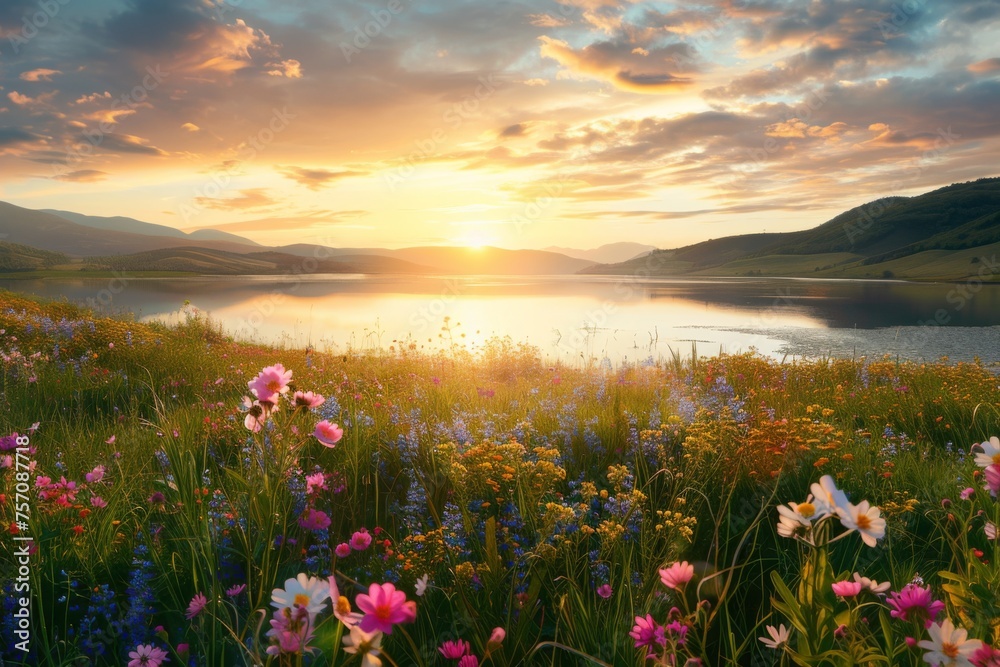 Obraz premium Beautiful summer spring natural landscape with lake and wildflowers at sunset.