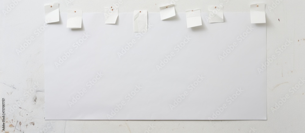 A grey rectangle white board with sticky notes in monochrome color scheme hangs on a white wall. The event details are written in font on paper - obrazy, fototapety, plakaty 