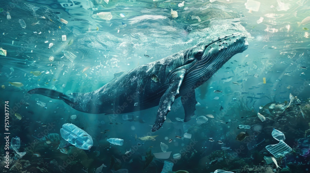 Plastic Pollution Threat Whale Swimming Through Marine Life