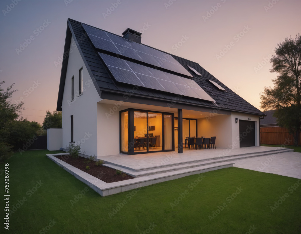 Modern Eco-Home with Solar Panels at Dusk Modern Eco-Home with Solar Panels at Dusk