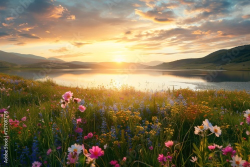 Beautiful summer spring natural landscape with lake and wildflowers at sunset.