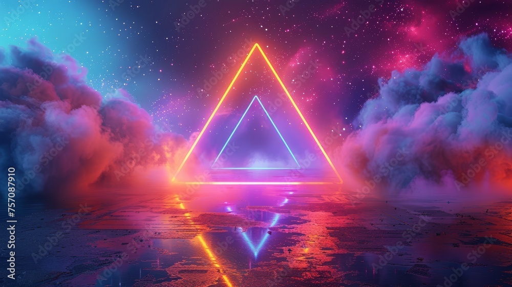 Glowing triangles, Modern virtual game space with abstract neon lines. Glowing triangles, Modern virtual game space with abstract neon lines.