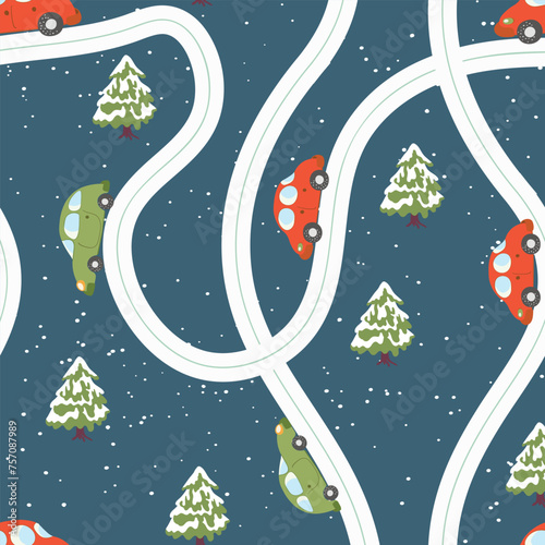Seamless pattern with cute cars, christmas tree on blue winter background. Cartoot transport. Vector illustration. Doodle style. Design for baby print, invitation, poster, card, fabric, textile.