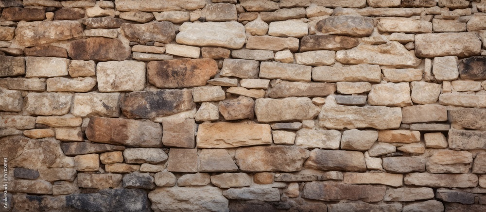 Detailed close up of a brickwork stone wall featuring numerous rectangular bricks stacked neatly, contrast against green grass and showcasing the durability of this building material