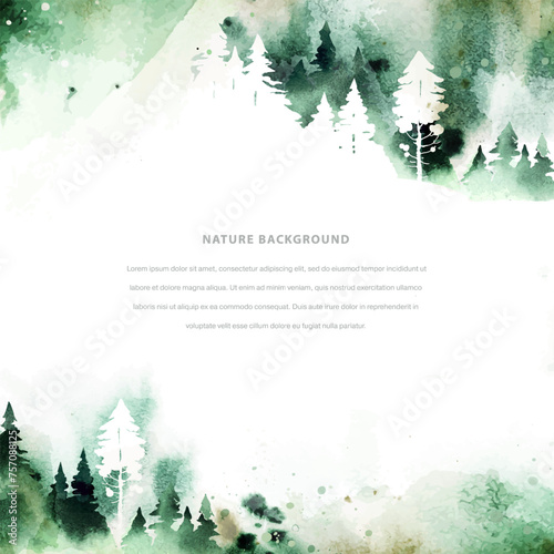 Watercolor summer vector template in green colors. Сoniferous forest, mountain and abstract watercolor vector splashes. Nature hand drawn frame with place for text