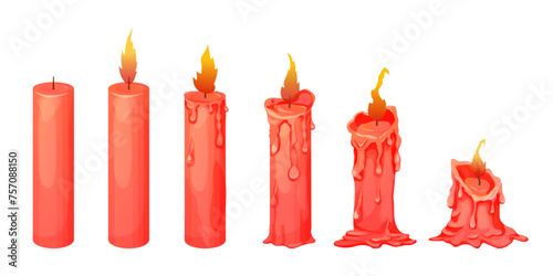 Set red wax candle stages burning with fire, flame isolated on white background. Animation objects, stages