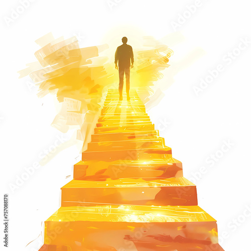 A man stands in front of a golden staircase. Steps up. The concept of growth and development. Success in business, the path to the goal. The first step to a dream. Isolate on a white background. Illus