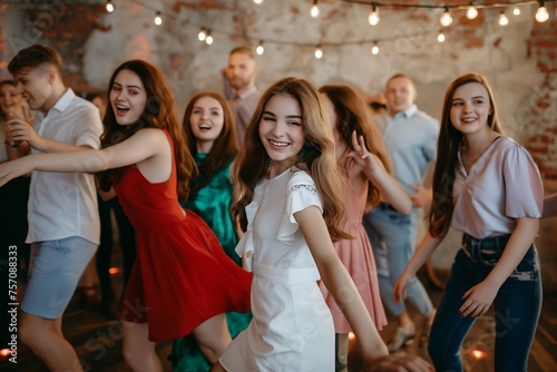 Group of people dancing in a nightclub, dancing energetic friends