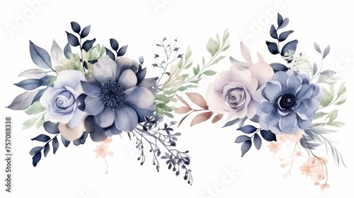Set of blue and grey watercolor floral frame for wedding invitation