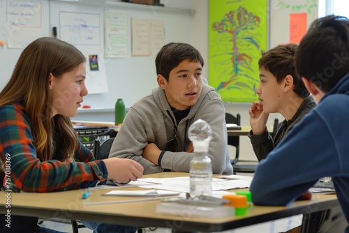 Teamwork in the classroom. A group of Teenage students working together on a project  discussing ideas