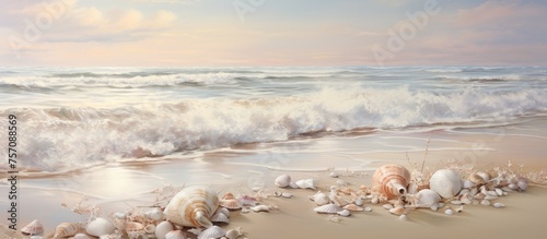 The beach near the ocean is scattered with numerous sea shells, creating a beautiful natural landscape along the waters edge