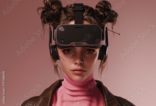 VR Chic A Pink-Haired VR Babe in a Brown Jacket Generative AI © Bipul Kumar