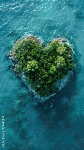 Love for the Planet: Heart-shaped Island in Clean Ocean Symbolizing Environmental Stewardship and Conservation
