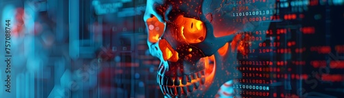 Cybersecurity Expert Skull Illuminated by Glowing Data Streams and Binary Code