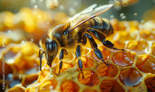 Bees are working on honeycombs with honey in the summer in apiary © Vadim