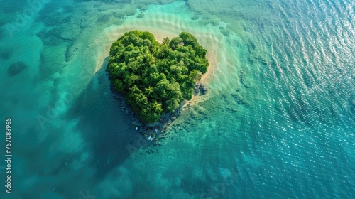 Love for the Planet: Heart-Shaped Island in Clean Ocean Symbolizing Eco-Conscious Conservation and Future Sustainability