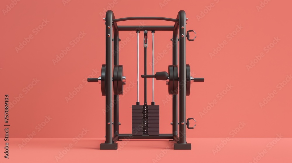 A barbell squat machine against a vibrant pink background