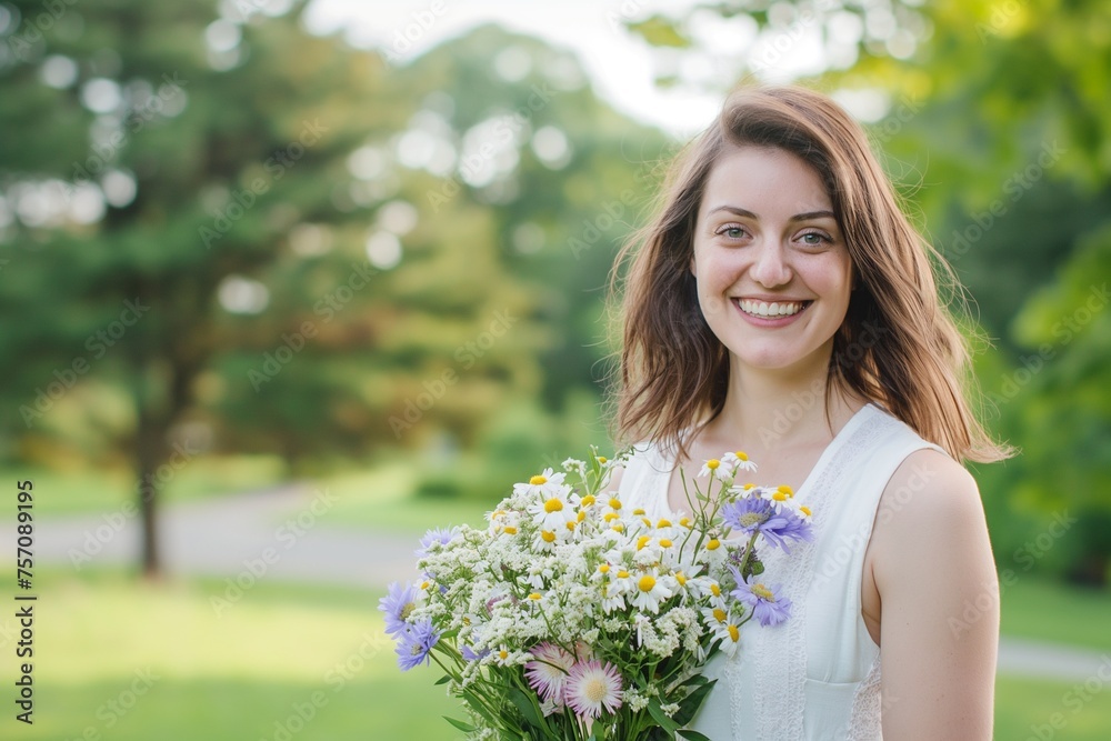 Woman holding a bouquet of flowers in a park Woman holding a bouquet of flowers in a park