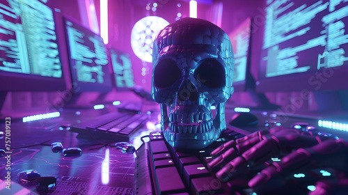 Mysterious Metal Skull Adorning a High-Tech Keyboard in a Cyberpunk Office Space