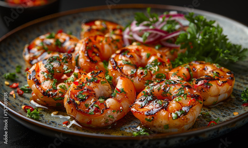 Grilled shrimps served with fresh herbs and spices on plate