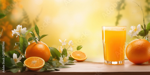In the sun rays of orange juice a tall glass on the table with oranges.