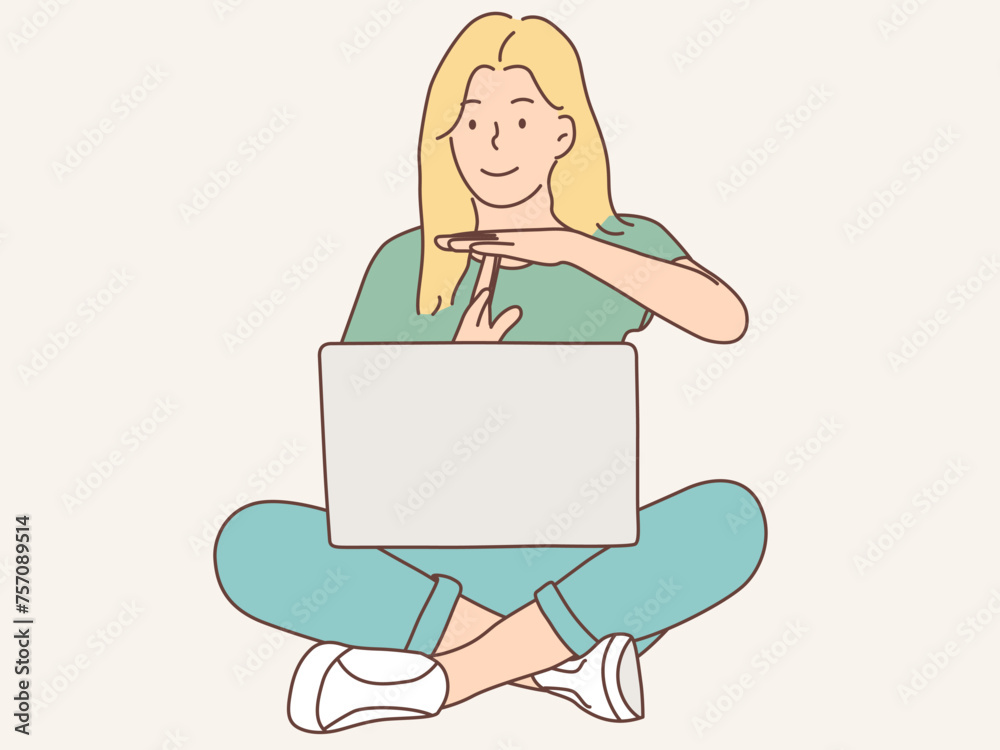 woman sitting working with laptop vector illustration woman sitting working with laptop vector illustration