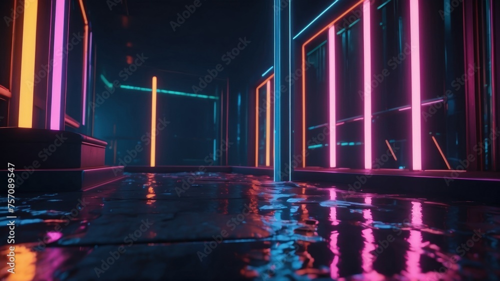 Neon Noir Abstract Scene with Smoke, Concrete, and Reflective Neon