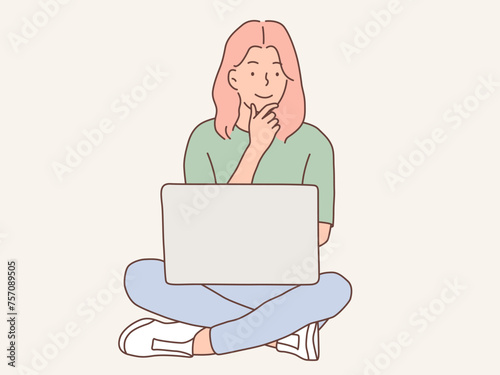 woman sitting working with laptop vector illustration