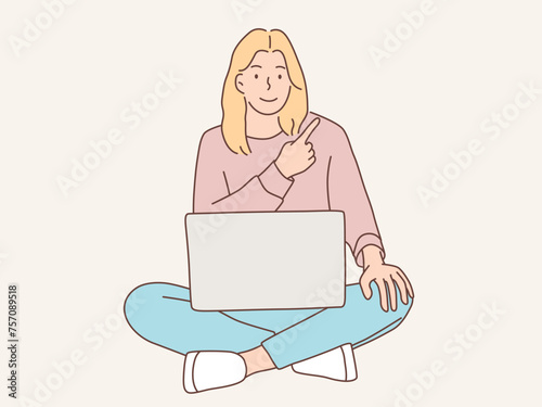 woman sitting working with laptop vector illustration
