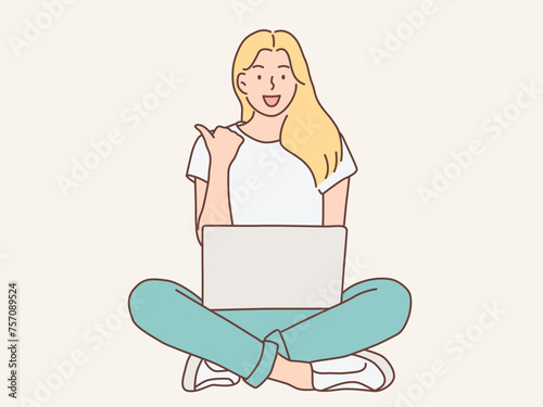 woman sitting working with laptop vector illustration