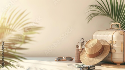 Ein schöner Urlaub Hintergrund mit Gepäck und kleinen Reiseutensilien auf einem hellen Hintergrund photo